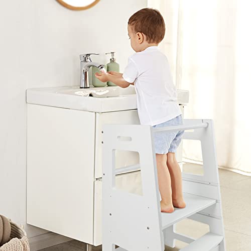 ECOMEX Toddler Standing Tower Kitchen Step Stool for Kid's Adjustable Height Learning Stool, Toddler Kitchen Stool Helper Removable Anti-Drop Safety Rail Stool for Bedroom, Bathroom, White from ECOMEX