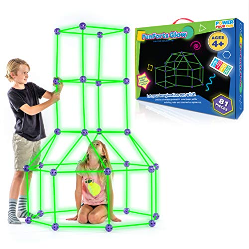 Fun Forts Glow Fort Building Kit for Kids - 81 Pack Glow in the Dark STEM Building Toys Indoor Outdoor Play Tent for Kids Construction Toys with 53 Rods and 28 Spheres by Power Your Fun
