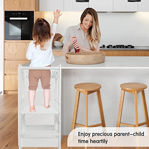 ECOMEX Toddler Standing Tower Kitchen Step Stool for Kid's Adjustable Height Learning Stool, Toddler Kitchen Stool Helper Removable Anti-Drop Safety Rail Stool for Bedroom, Bathroom, White from ECOMEX