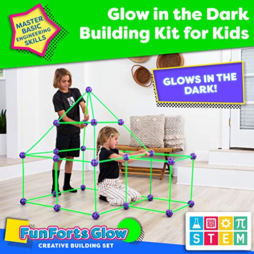 Fun Forts Glow Fort Building Kit for Kids - 81 Pack Glow in the Dark STEM Building Toys Indoor Outdoor Play Tent for Kids Construction Toys with 53 Rods and 28 Spheres by Power Your Fun