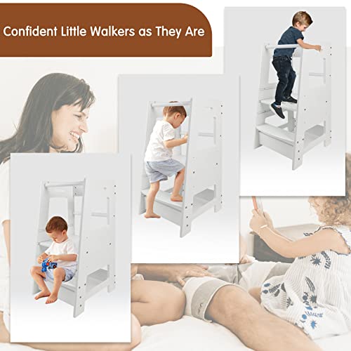 ECOMEX Toddler Standing Tower Kitchen Step Stool for Kid's Adjustable Height Learning Stool, Toddler Kitchen Stool Helper Removable Anti-Drop Safety Rail Stool for Bedroom, Bathroom, White from ECOMEX