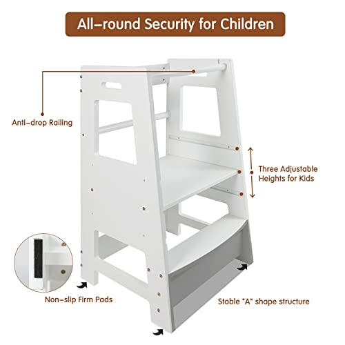 ECOMEX Toddler Standing Tower Kitchen Step Stool for Kid's Adjustable Height Learning Stool, Toddler Kitchen Stool Helper Removable Anti-Drop Safety Rail Stool for Bedroom, Bathroom, White from ECOMEX