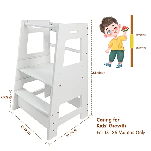 ECOMEX Toddler Standing Tower Kitchen Step Stool for Kid's Adjustable Height Learning Stool, Toddler Kitchen Stool Helper Removable Anti-Drop Safety Rail Stool for Bedroom, Bathroom, White from ECOMEX