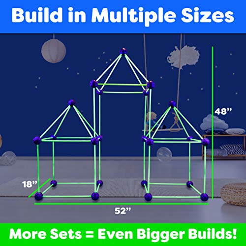 Fun Forts Glow Fort Building Kit for Kids - 81 Pack Glow in the Dark STEM Building Toys Indoor Outdoor Play Tent for Kids Construction Toys with 53 Rods and 28 Spheres by Power Your Fun
