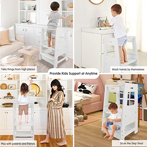 ECOMEX Toddler Standing Tower Kitchen Step Stool for Kid's Adjustable Height Learning Stool, Toddler Kitchen Stool Helper Removable Anti-Drop Safety Rail Stool for Bedroom, Bathroom, White from ECOMEX
