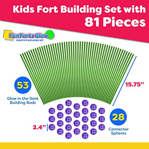 Fun Forts Glow Fort Building Kit for Kids - 81 Pack Glow in the Dark STEM Building Toys Indoor Outdoor Play Tent for Kids Construction Toys with 53 Rods and 28 Spheres by Power Your Fun