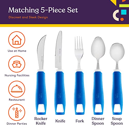 Special Supplies Adaptive Utensils 5-Piece Set Non-Weighted, Non-Slip Handles for Hand Tremors, Arthritis, Parkinsonâs or Elderly Use - Stainless Steel Knife, Rocker Knife, Fork, Spoons - Blue by Special Supplies
