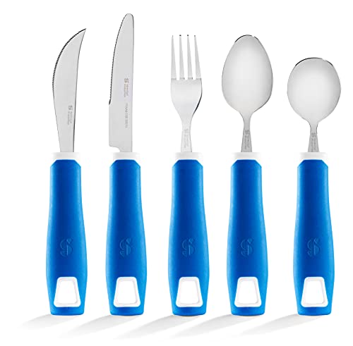 Special Supplies Adaptive Utensils 5-Piece Set Non-Weighted, Non-Slip Handles for Hand Tremors, Arthritis, Parkinsonâs or Elderly Use - Stainless Steel Knife, Rocker Knife, Fork, Spoons - Blue by Special Supplies