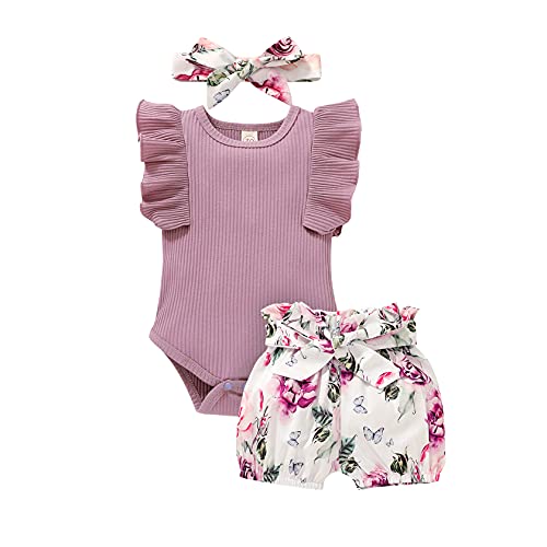 Baby Girl Clothes Infant Summer Outfits Set Ruffle Sleeve Romper and Floral Shorts with Headband (Sleeveless Purple, 90, 12_months) from 