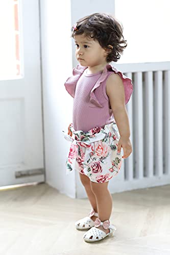 Baby Girl Clothes Infant Summer Outfits Set Ruffle Sleeve Romper and Floral Shorts with Headband (Sleeveless Purple, 90, 12_months) from 