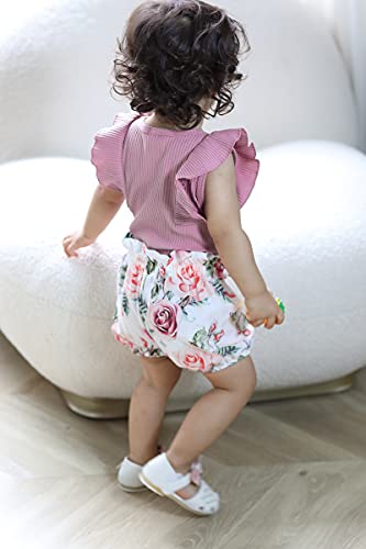 Baby Girl Clothes Infant Summer Outfits Set Ruffle Sleeve Romper and Floral Shorts with Headband (Sleeveless Purple, 90, 12_months) from 