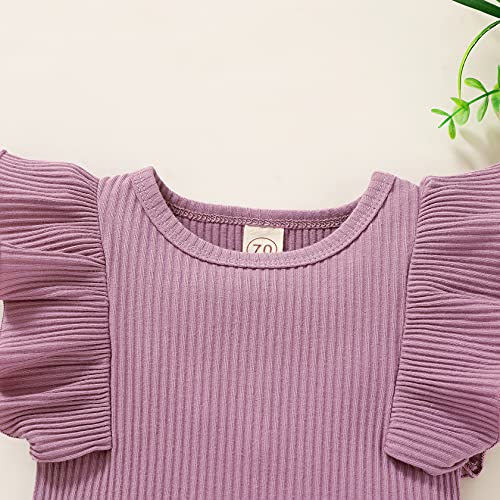 Baby Girl Clothes Infant Summer Outfits Set Ruffle Sleeve Romper and Floral Shorts with Headband (Sleeveless Purple, 90, 12_months) from 