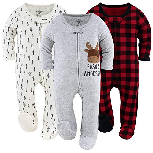 The Peanutshell Footed Baby Sleepers for Boys or Girls, Buffalo Plaid & Woodland, 3 Pack Set (3M) Red from 