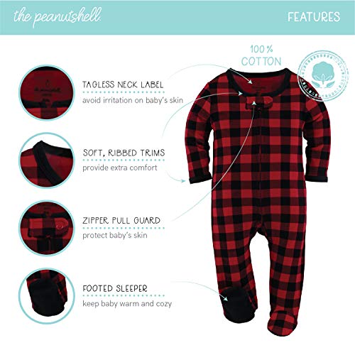 The Peanutshell Footed Baby Sleepers for Boys or Girls, Buffalo Plaid & Woodland, 3 Pack Set (3M) Red from 