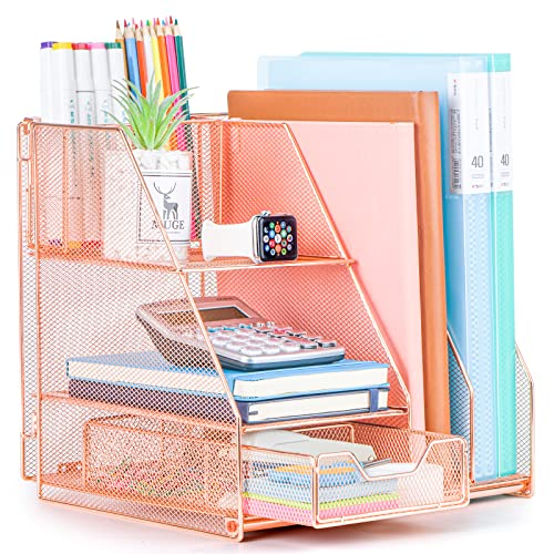 Desk Organizers and Accessories, Office Supplies Desk Organizer Caddy with Sliding Drawer, Double Tray, File Organizer and pen holder for Home, Office School (Rose Gold) by Topwey