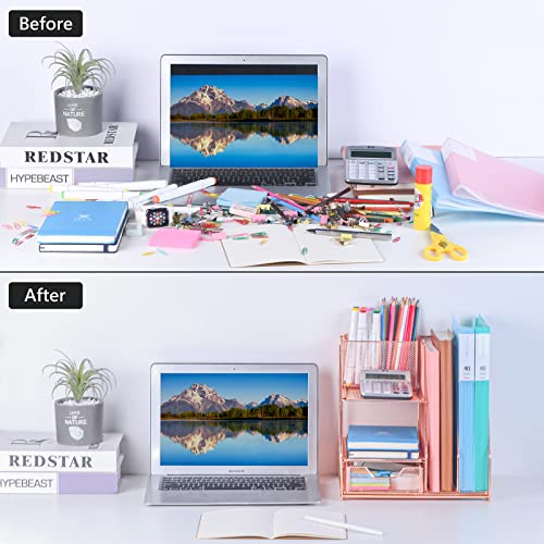 Desk Organizers and Accessories, Office Supplies Desk Organizer Caddy with Sliding Drawer, Double Tray, File Organizer and pen holder for Home, Office School (Rose Gold) by Topwey