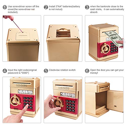 Setibre Piggy Bank, Electronic ATM Password Cash Coin Can Auto Scroll Paper Money Saving Box Toy Gift for Kids (Gold) by Setibre