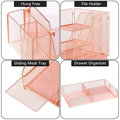 Desk Organizers and Accessories, Office Supplies Desk Organizer Caddy with Sliding Drawer, Double Tray, File Organizer and pen holder for Home, Office School (Rose Gold) by Topwey