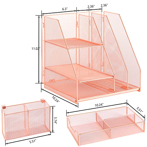 Desk Organizers and Accessories, Office Supplies Desk Organizer Caddy with Sliding Drawer, Double Tray, File Organizer and pen holder for Home, Office School (Rose Gold) by Topwey