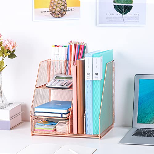 Desk Organizers and Accessories, Office Supplies Desk Organizer Caddy with Sliding Drawer, Double Tray, File Organizer and pen holder for Home, Office School (Rose Gold) by Topwey