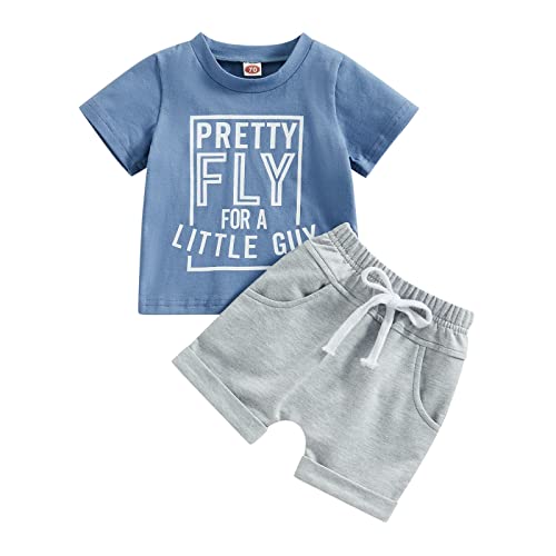 Infant Baby Boys Summer Clothes Sets Outfits Letter Print Short Sleeve T-Shirt and Stretch Casual Rolled Shorts Set (Blue Grey, 18-24 Months) from allshope