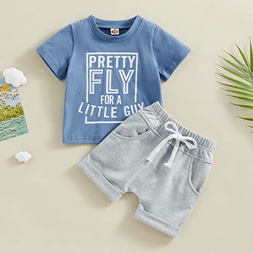 Infant Baby Boys Summer Clothes Sets Outfits Letter Print Short Sleeve T-Shirt and Stretch Casual Rolled Shorts Set (Blue Grey, 18-24 Months) from allshope