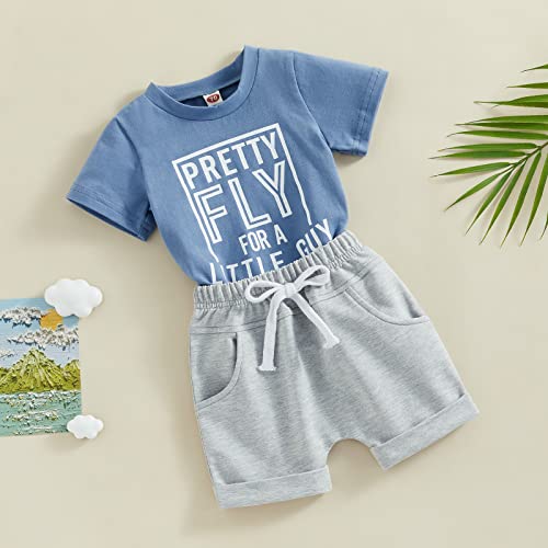 Infant Baby Boys Summer Clothes Sets Outfits Letter Print Short Sleeve T-Shirt and Stretch Casual Rolled Shorts Set (Blue Grey, 18-24 Months) from allshope