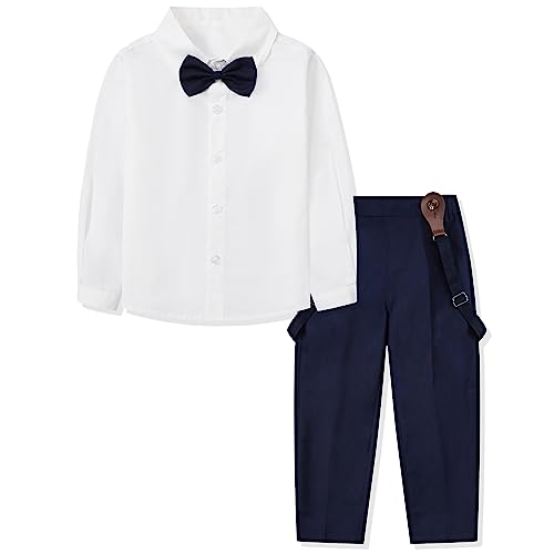 Baby Boy's Dress Clothes, Long Sleeves Plaids Button Down Dress Shirt with Bow Tie + Suspender Pants Set Tuxedo Outfit Clothing for Infant Newborn Toddlers, White, Tag 70 = 9-12 Months by 