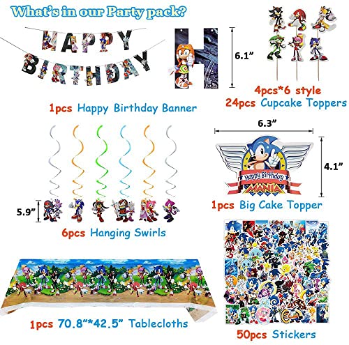 200pcs Hedgehog Birthday Party Supplies, Hedgehog Party Decorations Include Stickers,Hanging Swirl Decorations,Birthday Banner,Cupcake Toppers, Balloons,Tablecloths,Napkins,Plates,Gift bags,Forks by 