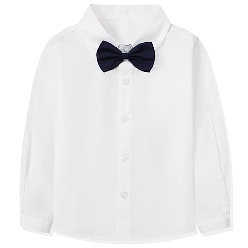 Baby Boy's Dress Clothes, Long Sleeves Plaids Button Down Dress Shirt with Bow Tie + Suspender Pants Set Tuxedo Outfit Clothing for Infant Newborn Toddlers, White, Tag 70 = 9-12 Months by 