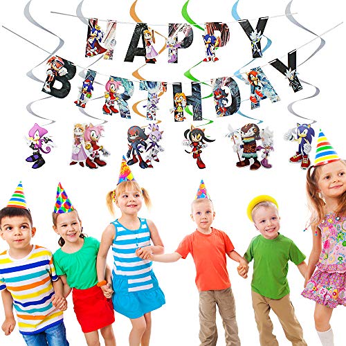 200pcs Hedgehog Birthday Party Supplies, Hedgehog Party Decorations Include Stickers,Hanging Swirl Decorations,Birthday Banner,Cupcake Toppers, Balloons,Tablecloths,Napkins,Plates,Gift bags,Forks by 