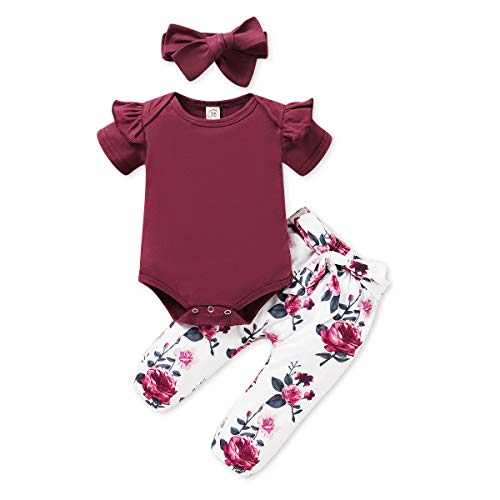 Renotemy Newborn Girl Clothes Outfits Ruffle Short Sleeve Tops + Floral Pants Sets Spring Fall Summer Baby Girl Clothes 3-6 Months Red by 
