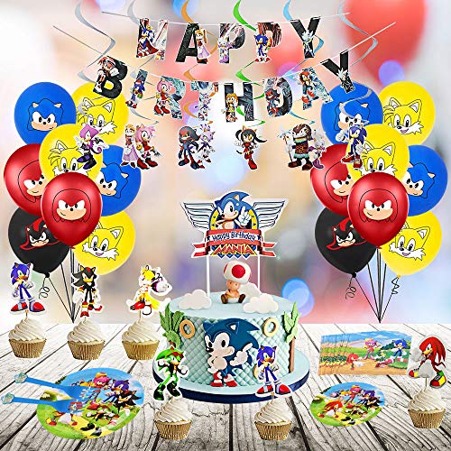 200pcs Hedgehog Birthday Party Supplies, Hedgehog Party Decorations Include Stickers,Hanging Swirl Decorations,Birthday Banner,Cupcake Toppers, Balloons,Tablecloths,Napkins,Plates,Gift bags,Forks by 