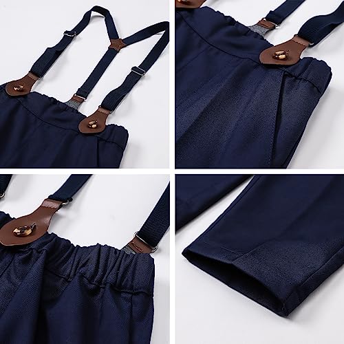 Baby Boy's Dress Clothes, Long Sleeves Plaids Button Down Dress Shirt with Bow Tie + Suspender Pants Set Tuxedo Outfit Clothing for Infant Newborn Toddlers, White, Tag 70 = 9-12 Months by 