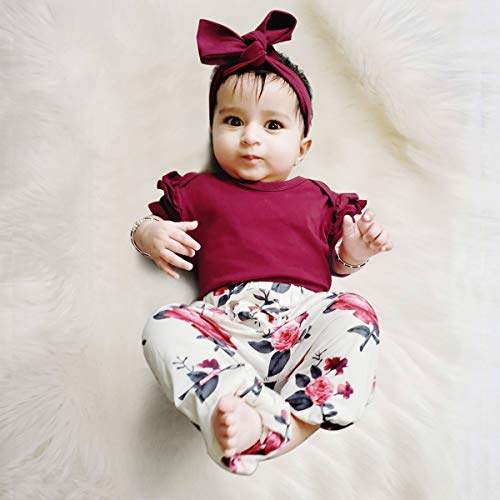 Renotemy Newborn Girl Clothes Outfits Ruffle Short Sleeve Tops + Floral Pants Sets Spring Fall Summer Baby Girl Clothes 3-6 Months Red by 