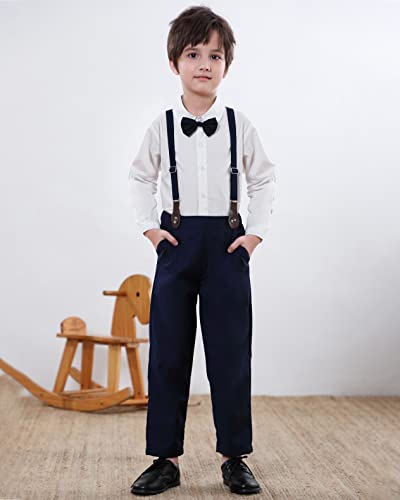 Baby Boy's Dress Clothes, Long Sleeves Plaids Button Down Dress Shirt with Bow Tie + Suspender Pants Set Tuxedo Outfit Clothing for Infant Newborn Toddlers, White, Tag 70 = 9-12 Months by 