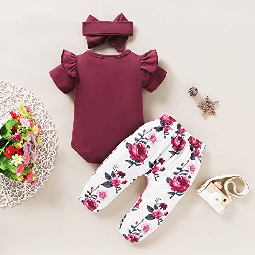 Renotemy Newborn Girl Clothes Outfits Ruffle Short Sleeve Tops + Floral Pants Sets Spring Fall Summer Baby Girl Clothes 3-6 Months Red by 