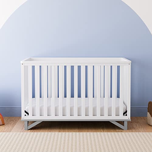 Storkcraft Santa Monica 5-in-1 Convertible Crib (White with Pebble Gray) â Modern, Two-Tone Baby Crib, Converts to Toddler Bed, Daybed and Full-Size Bed, Fits Standard Full-Size Crib Mattress by Storkcraft