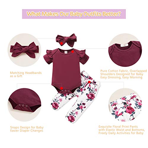 Renotemy Newborn Girl Clothes Outfits Ruffle Short Sleeve Tops + Floral Pants Sets Spring Fall Summer Baby Girl Clothes 3-6 Months Red by 