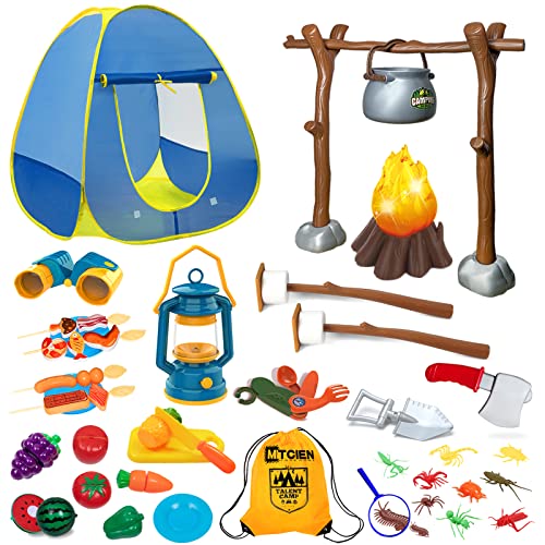 MITCIEN Kids Camping Set with Campfire, Play Tent , Binoculars, Oil Lantern, Toddlers Pretend Cutting Fruits, Marshmallow, Camping Toys Play Set for Boys Girls 3-5 Year Old and Up Indoor Outdoor Toys by MIXUN