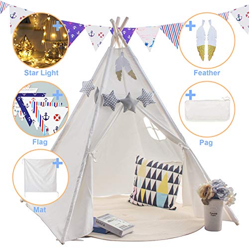 Teepee Play Tent for Kids with Gifts Coloured Flag, Feathers and Carry Case, Indoor Outdoor Playhouse for Baby Toddler, Teepee Toys for Boys and Girls by Inewvision
