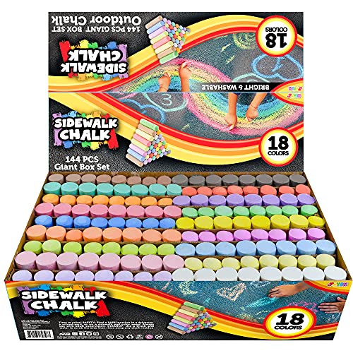 JOYIN 144 PCS Washable Sidewalk Chalks Set in 18 Colors, Non-Toxic Jumbo Chalk for Outdoor Art Play, Painting on School Classroom Chalkboard, Blackboard, Playground, Gift for Birthday Party from JOYIN