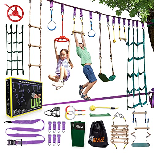 Trailblaze - Ninja Warrior Hanging Obstacle Course for Kids, 50 Feet Ninja Slackline Set with Tree Protectors, Gym Rings, Monkey Bars, Seat Swing, Fist Holds, Strap Buckles, and Carry Bag by Trailblaze