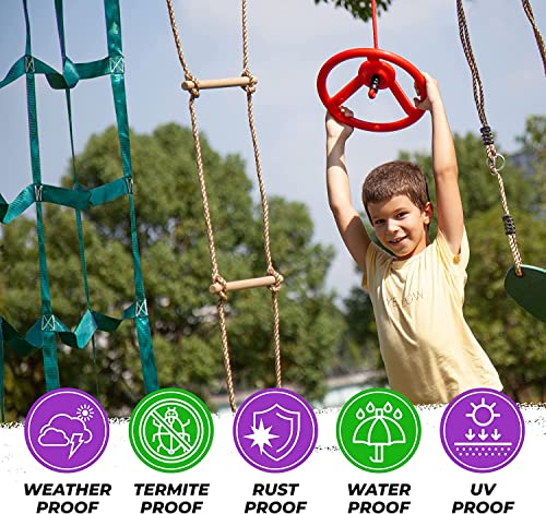 Trailblaze - Ninja Warrior Hanging Obstacle Course for Kids, 50 Feet Ninja Slackline Set with Tree Protectors, Gym Rings, Monkey Bars, Seat Swing, Fist Holds, Strap Buckles, and Carry Bag by Trailblaze