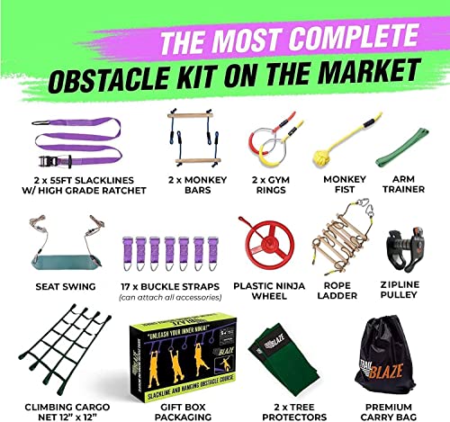 Trailblaze - Ninja Warrior Hanging Obstacle Course for Kids, 50 Feet Ninja Slackline Set with Tree Protectors, Gym Rings, Monkey Bars, Seat Swing, Fist Holds, Strap Buckles, and Carry Bag by Trailblaze