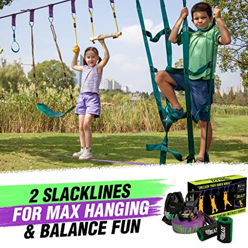 Trailblaze - Ninja Warrior Hanging Obstacle Course for Kids, 50 Feet Ninja Slackline Set with Tree Protectors, Gym Rings, Monkey Bars, Seat Swing, Fist Holds, Strap Buckles, and Carry Bag by Trailblaze