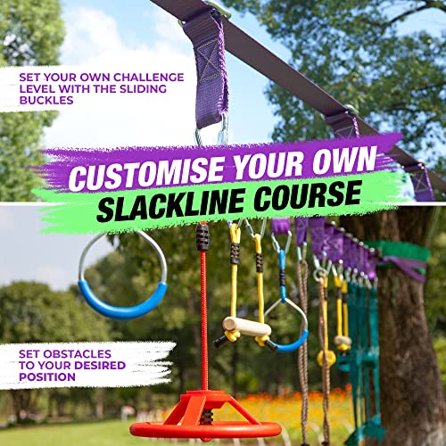Trailblaze - Ninja Warrior Hanging Obstacle Course for Kids, 50 Feet Ninja Slackline Set with Tree Protectors, Gym Rings, Monkey Bars, Seat Swing, Fist Holds, Strap Buckles, and Carry Bag by Trailblaze