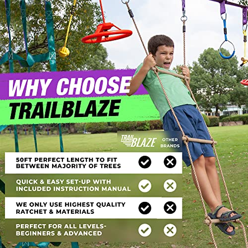 Trailblaze - Ninja Warrior Hanging Obstacle Course for Kids, 50 Feet Ninja Slackline Set with Tree Protectors, Gym Rings, Monkey Bars, Seat Swing, Fist Holds, Strap Buckles, and Carry Bag by Trailblaze