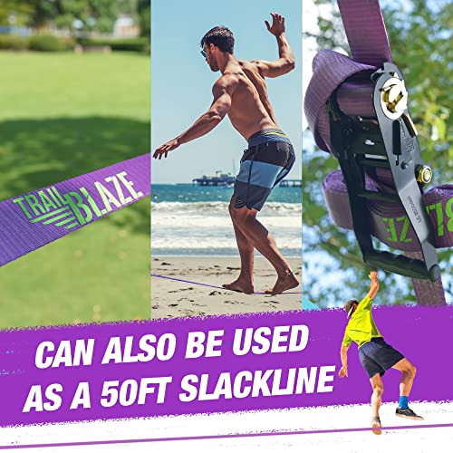 Trailblaze - Ninja Warrior Hanging Obstacle Course for Kids, 50 Feet Ninja Slackline Set with Tree Protectors, Gym Rings, Monkey Bars, Seat Swing, Fist Holds, Strap Buckles, and Carry Bag by Trailblaze