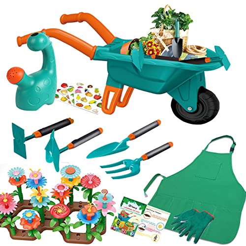 Qtioucp 16Pcs Kids Gardening Tools Outdoor Toys Set Backyard Play with Wheelbarrow, Apron, Watering Can and More Educational STEM Learning Pretend Toys Outdoor Indoor for Toddlers Kids Boys Girls from Qtioucp